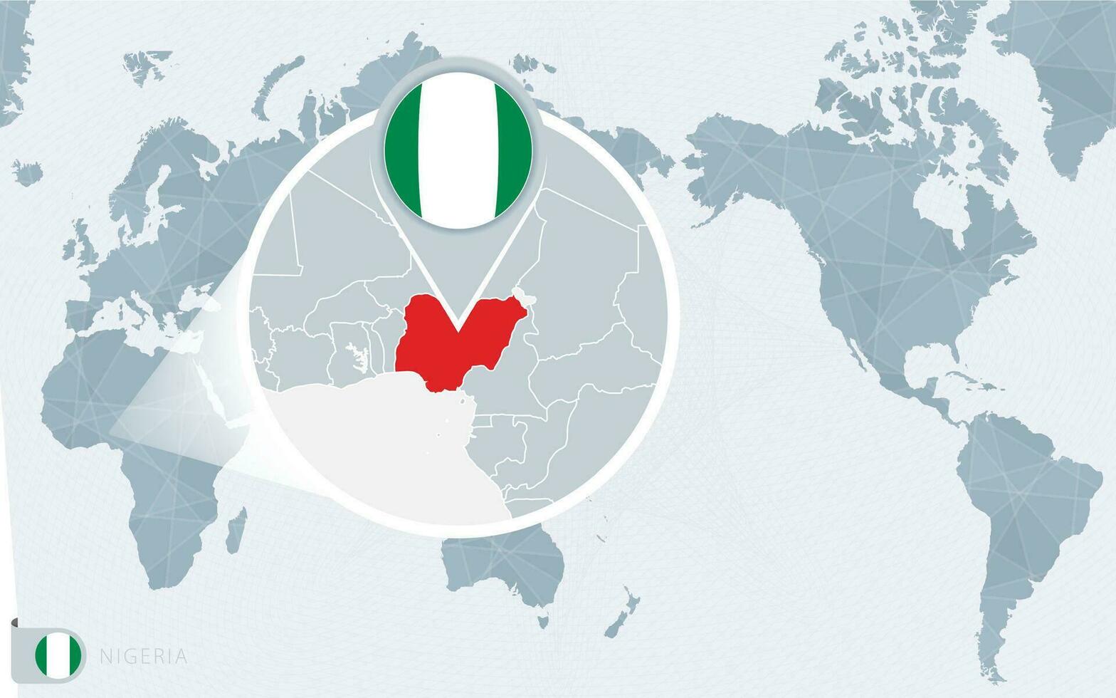 Pacífico centrado mundo mapa con magnificado Nigeria. bandera y mapa de Nigeria. vector