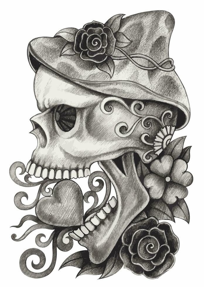 Fancy skull day of the dead hand drawing on paper make graphic vector. vector