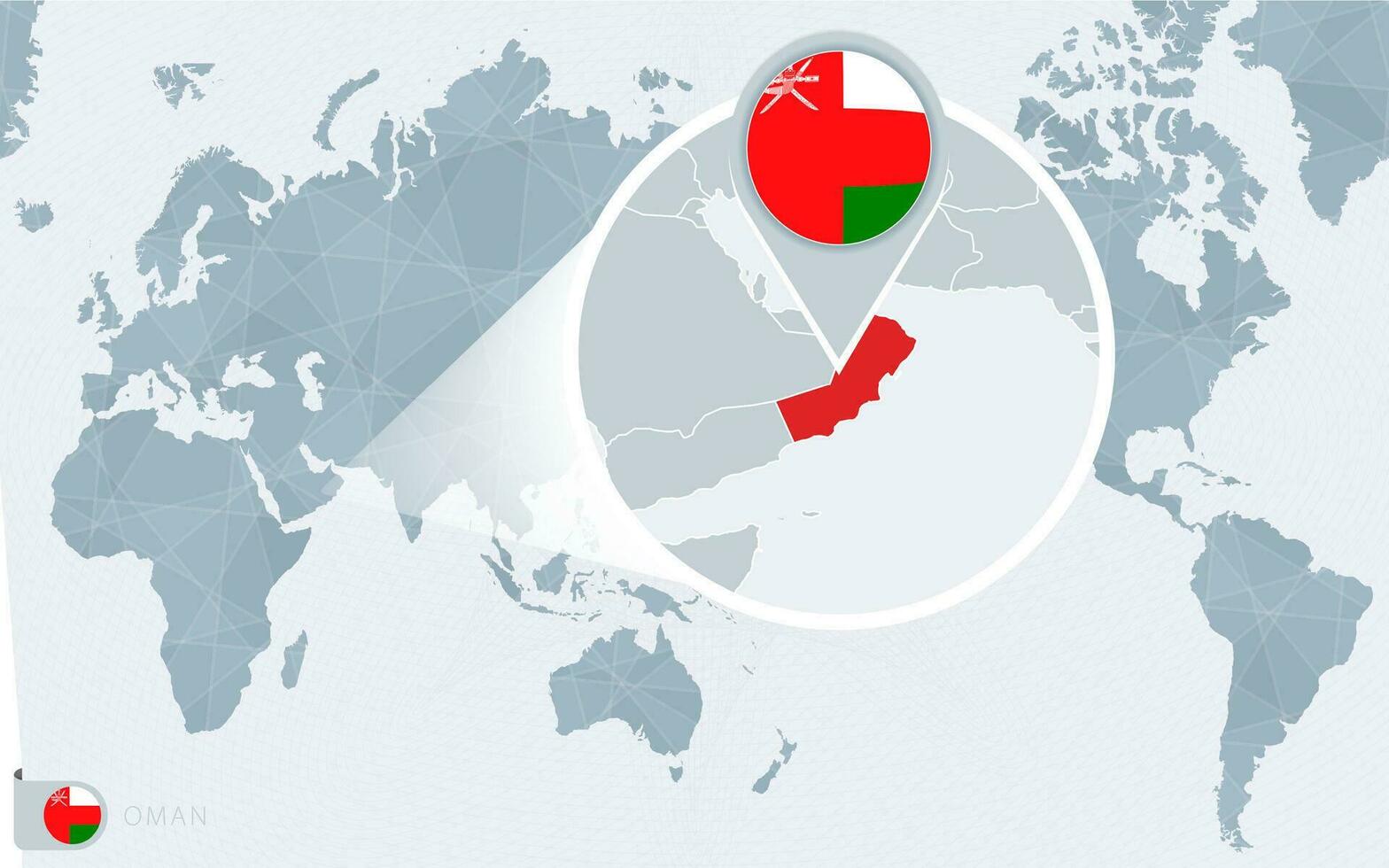 Pacífico centrado mundo mapa con magnificado Omán. bandera y mapa de Omán. vector