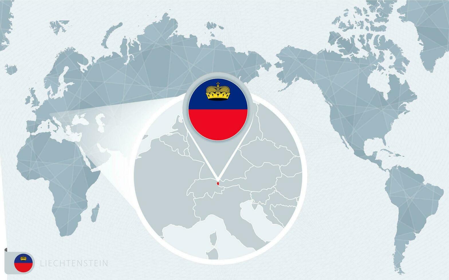 Pacífico centrado mundo mapa con magnificado Liechtenstein. bandera y mapa de Liechtenstein. vector