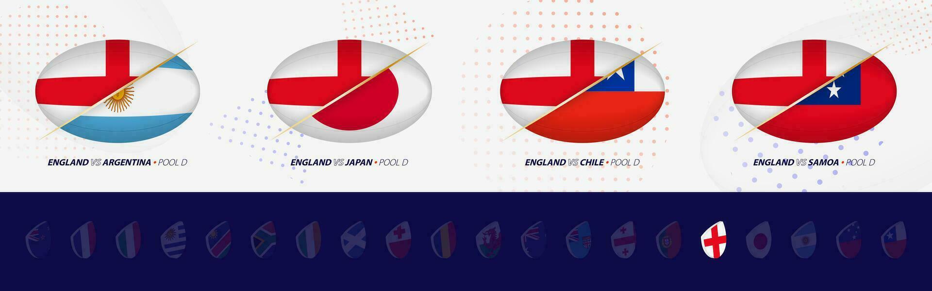 Rugby competition icons of England rugby national team, all four matches icon in pool. vector