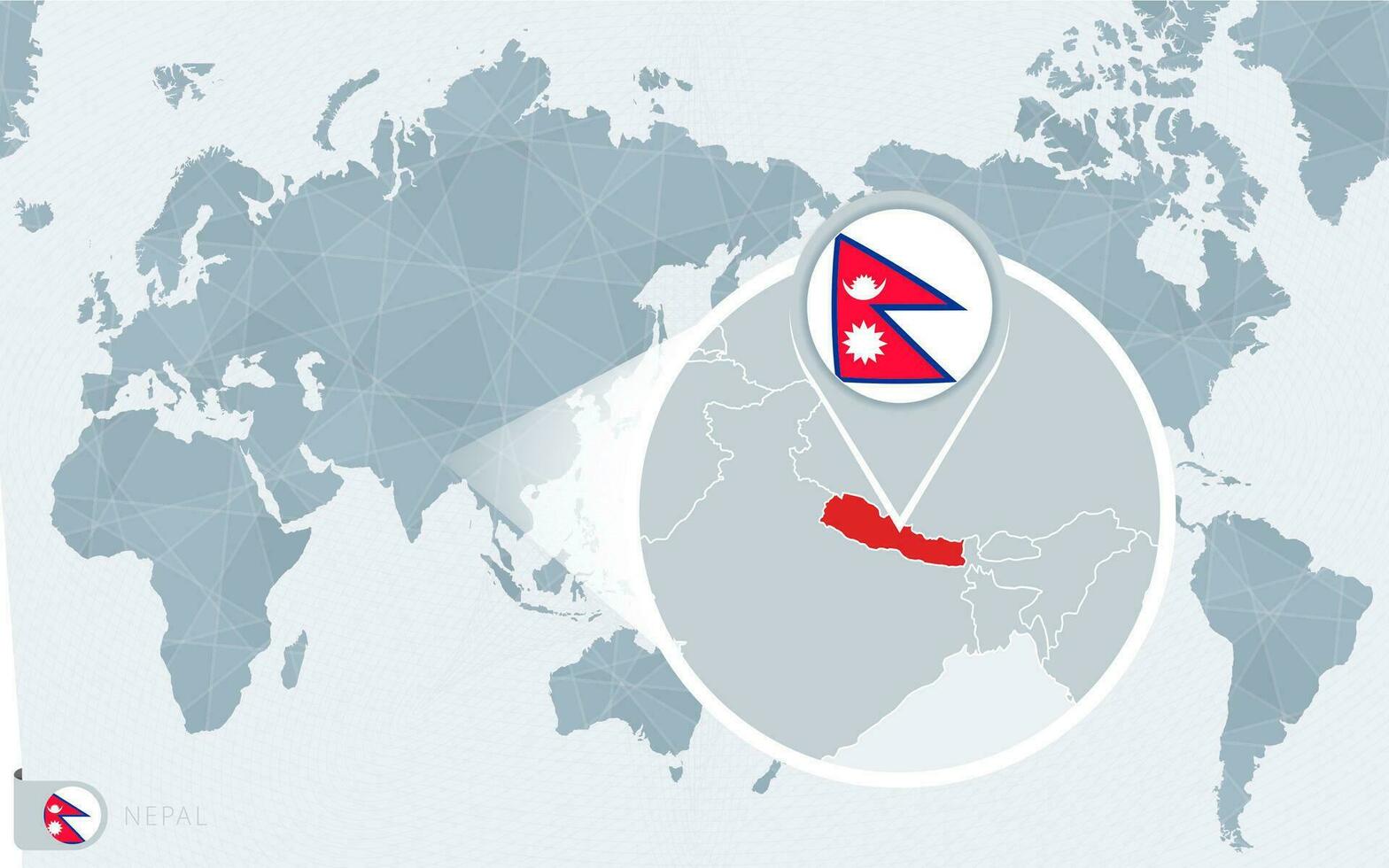 Pacífico centrado mundo mapa con magnificado Nepal. bandera y mapa de Nepal. vector