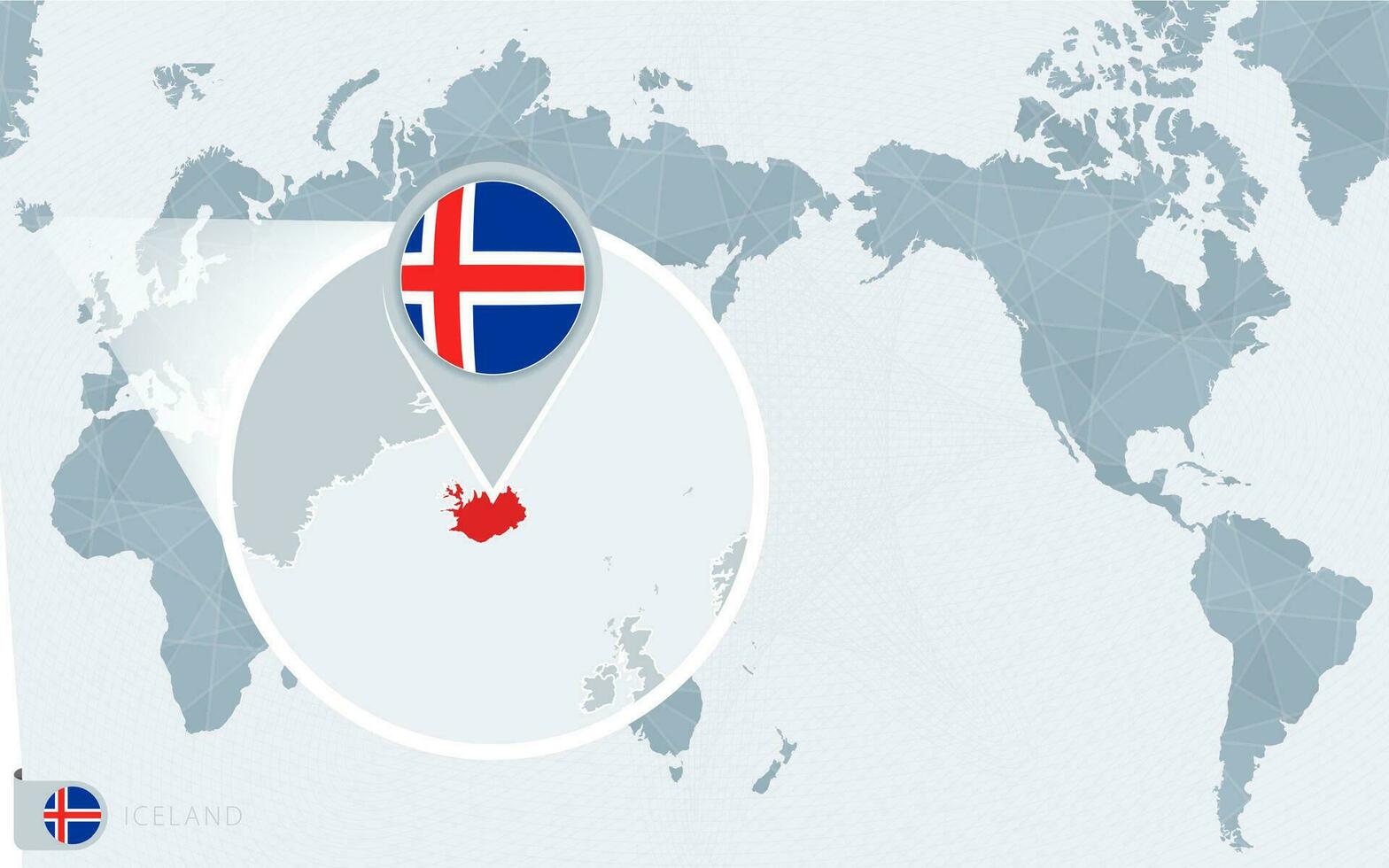 Pacific Centered World map with magnified Iceland. Flag and map of Iceland. vector