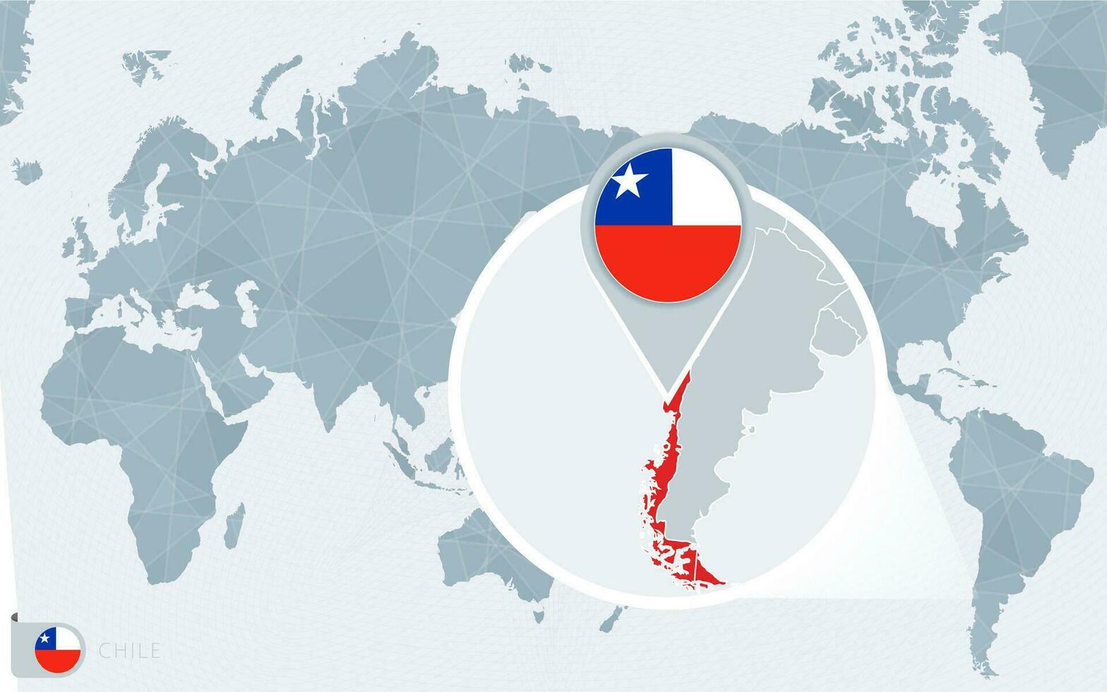 Pacífico centrado mundo mapa con magnificado Chile. bandera y mapa de Chile. vector