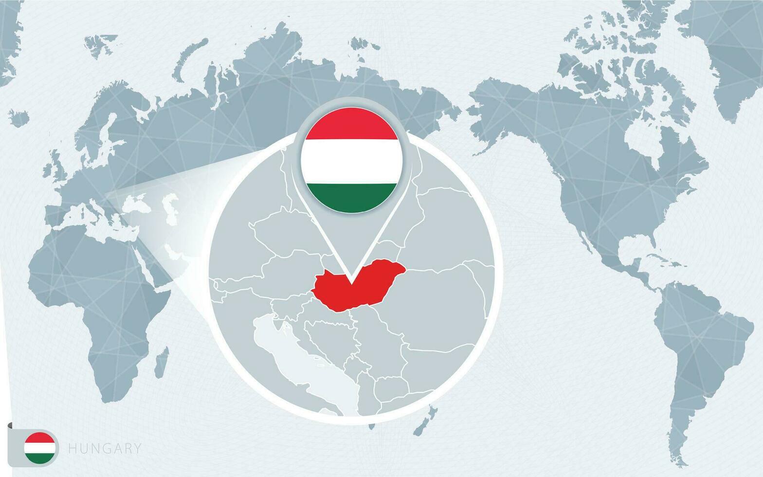 Pacífico centrado mundo mapa con magnificado Hungría. bandera y mapa de Hungría. vector