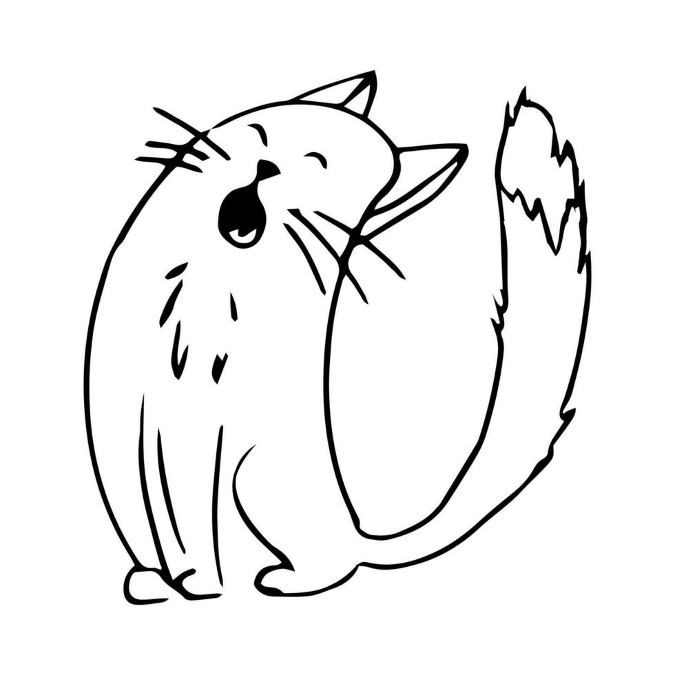 Cute cat, kitten in line doodle style emotional character isolated on white background. Comic Pet drawing. Vector illustration