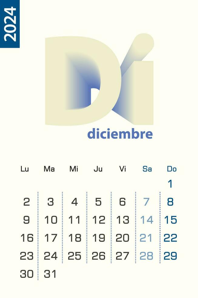 minimalista calendario modelo para diciembre 2024, vector calendario en Español idioma.