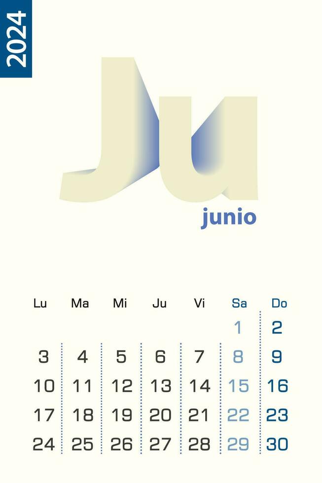 Minimalist calendar template for June 2024, vector calendar in Spanish