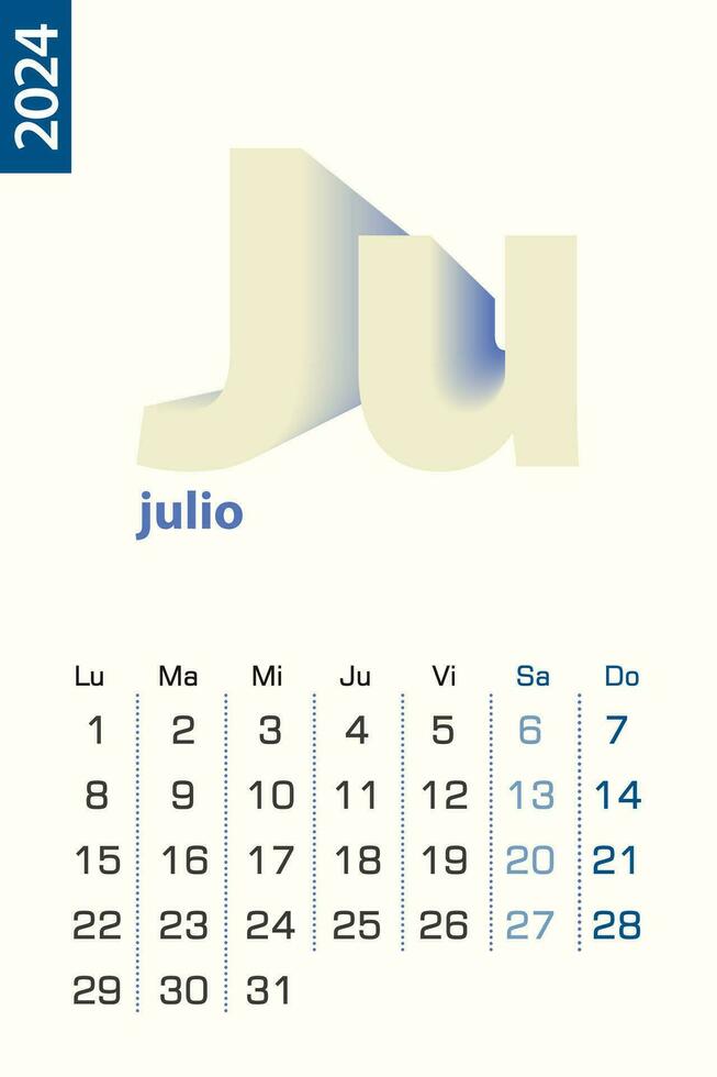 Minimalist calendar template for July 2024, vector calendar in Spanish language.