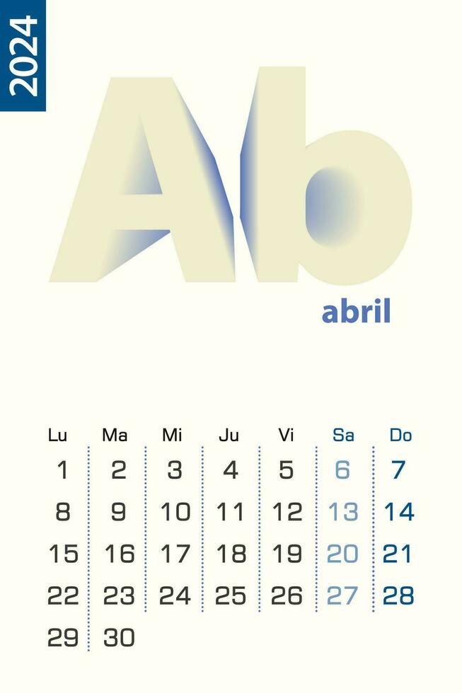 Minimalist calendar template for April 2024, vector calendar in Spanish