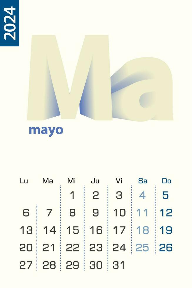 Minimalist calendar template for May 2024, vector calendar in Spanish language.