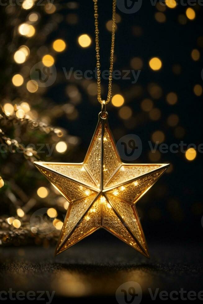 Gold star light hanging on dark background. AI generated photo