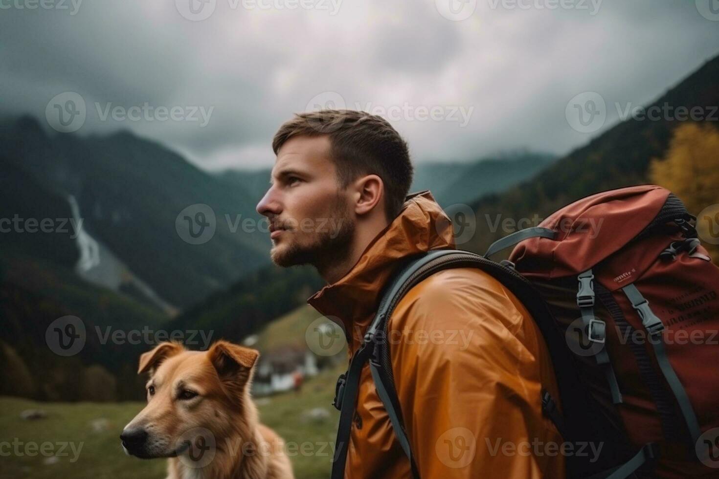 Man with a tourist backpack is hiking together with his dog in the mountains. Traveling with pets concept. AI generated. photo