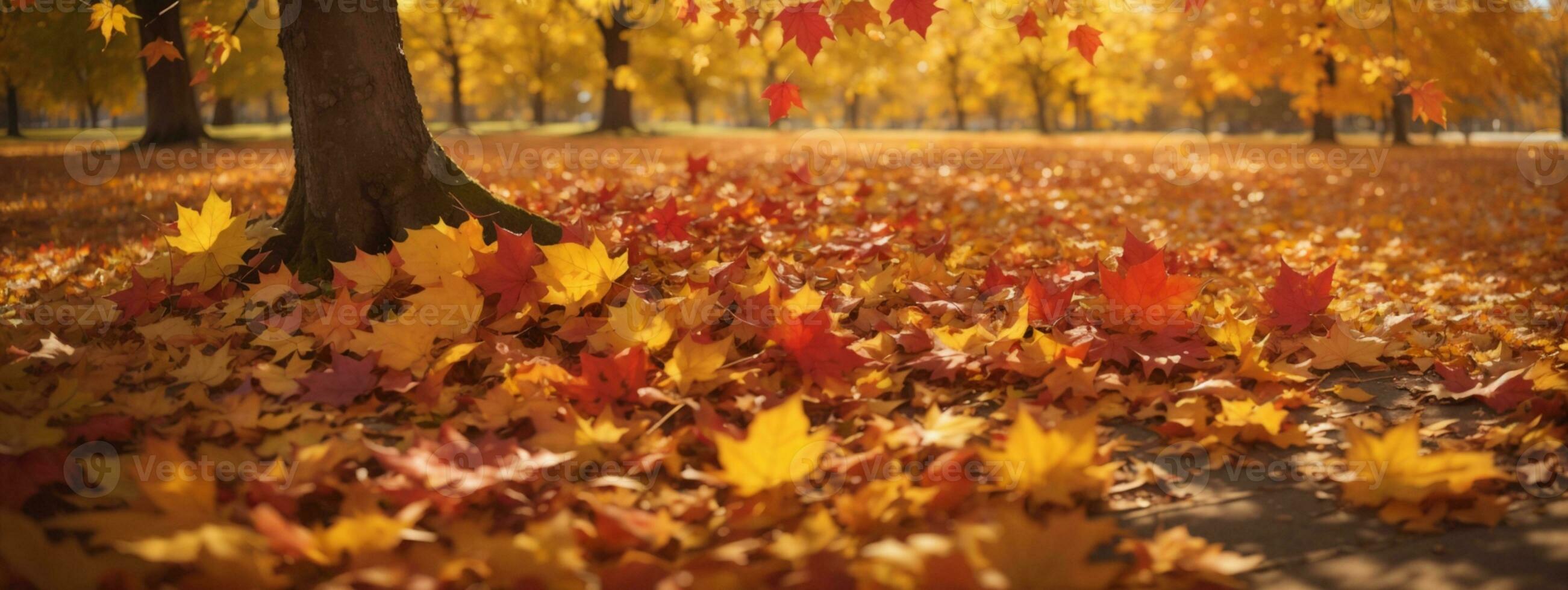 Autumn colorful bright leaves swinging in a tree in autumnal park. Autumn colorful background, fall backdrop. AI generated photo