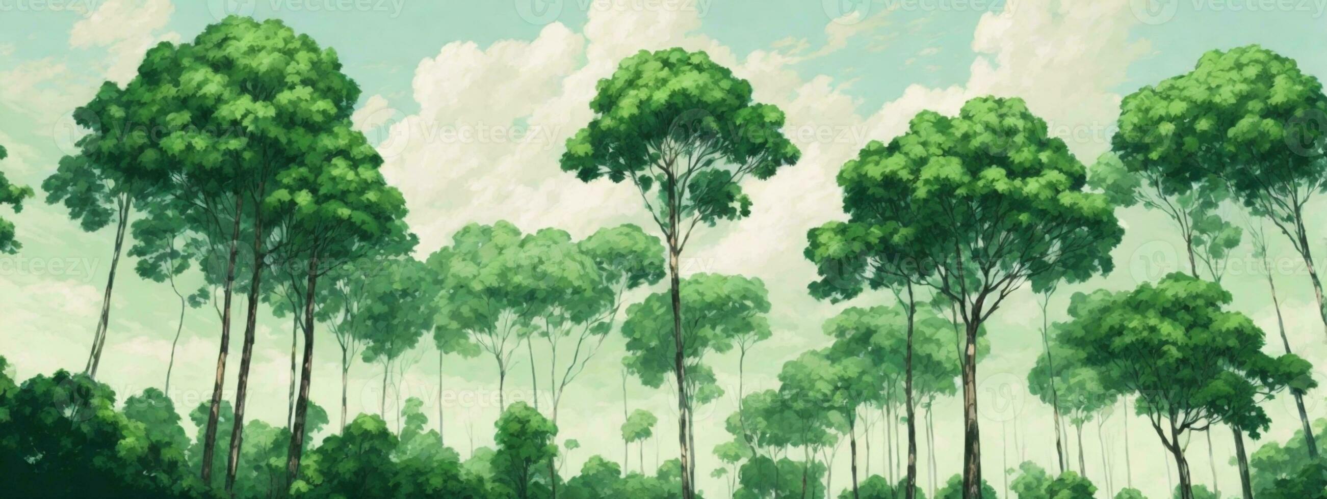 Looking up at the green tops of trees.. AI generated photo