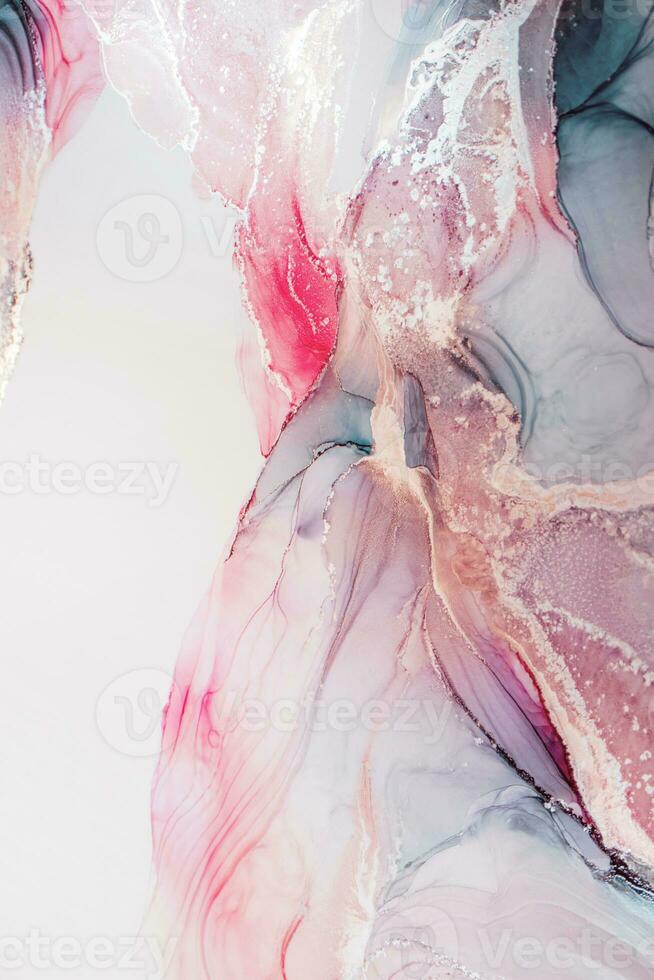 Painting created with alcohol ink. Soft smooth color transitions combined with clear gold and silver edges. Blue, pink, green abstract color combination. photo