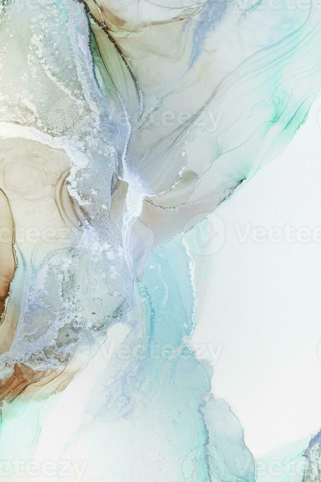 Painting created with alcohol ink. Soft smooth color transitions combined with clear gold and silver edges. Blue, pink, green abstract color combination. photo