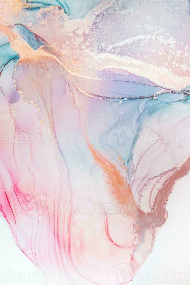 Painting created with alcohol ink. Soft smooth color transitions combined with clear gold and silver edges. Blue, pink, green abstract color combination. photo