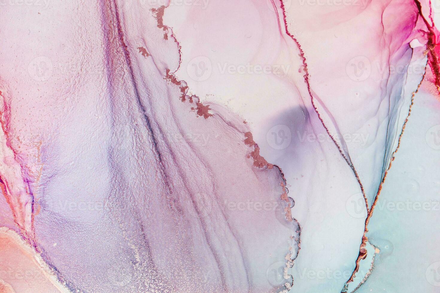 Painting created with alcohol ink. Soft smooth color transitions combined with clear gold and silver edges. Blue, pink, green abstract color combination. photo