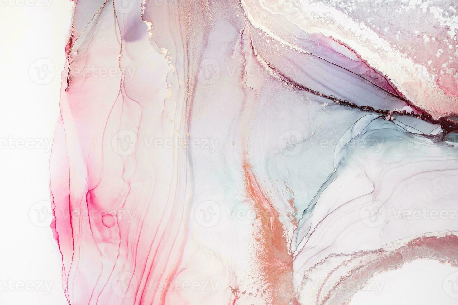 Painting created with alcohol ink. Soft smooth color transitions combined with clear gold and silver edges. Blue, pink, green abstract color combination. photo