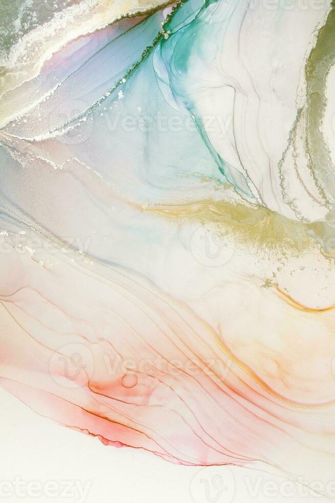 Painting created with alcohol ink. Soft smooth color transitions combined with clear gold and silver edges. Blue, pink, green abstract color combination. photo