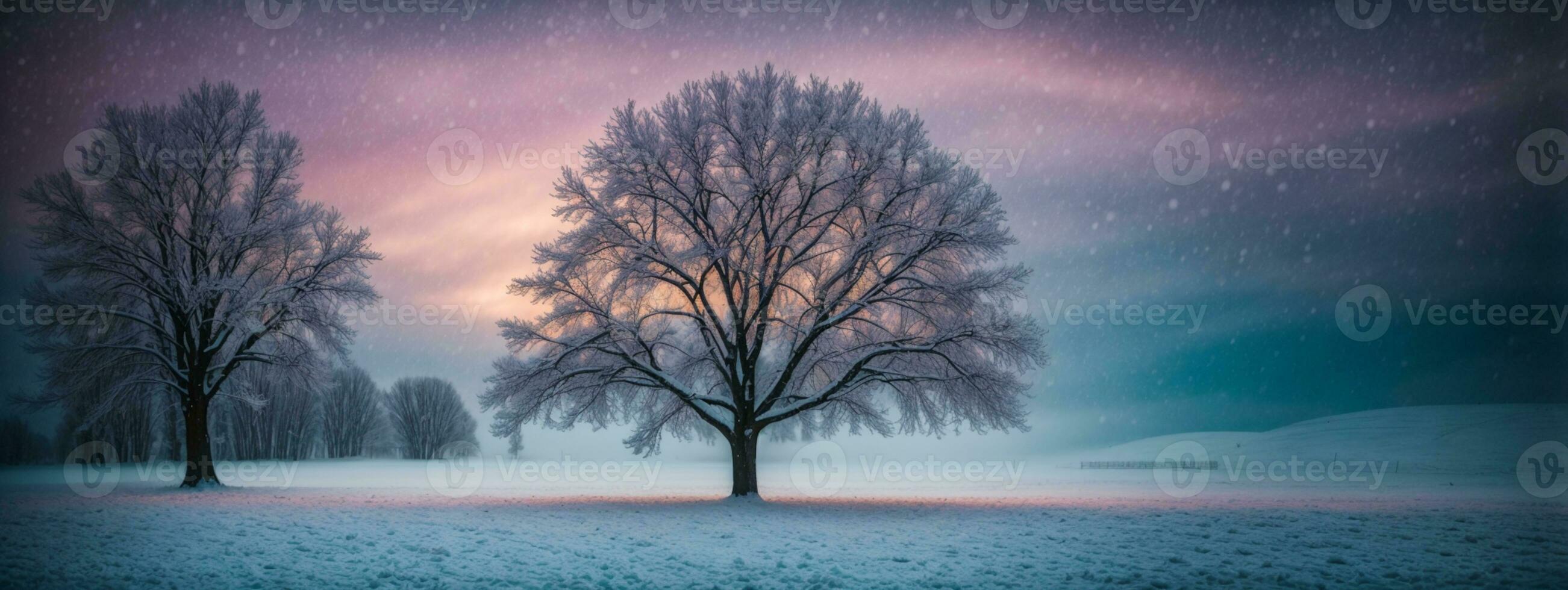 Beautiful tree in winter landscape in late evening in snowfall. AI generated photo