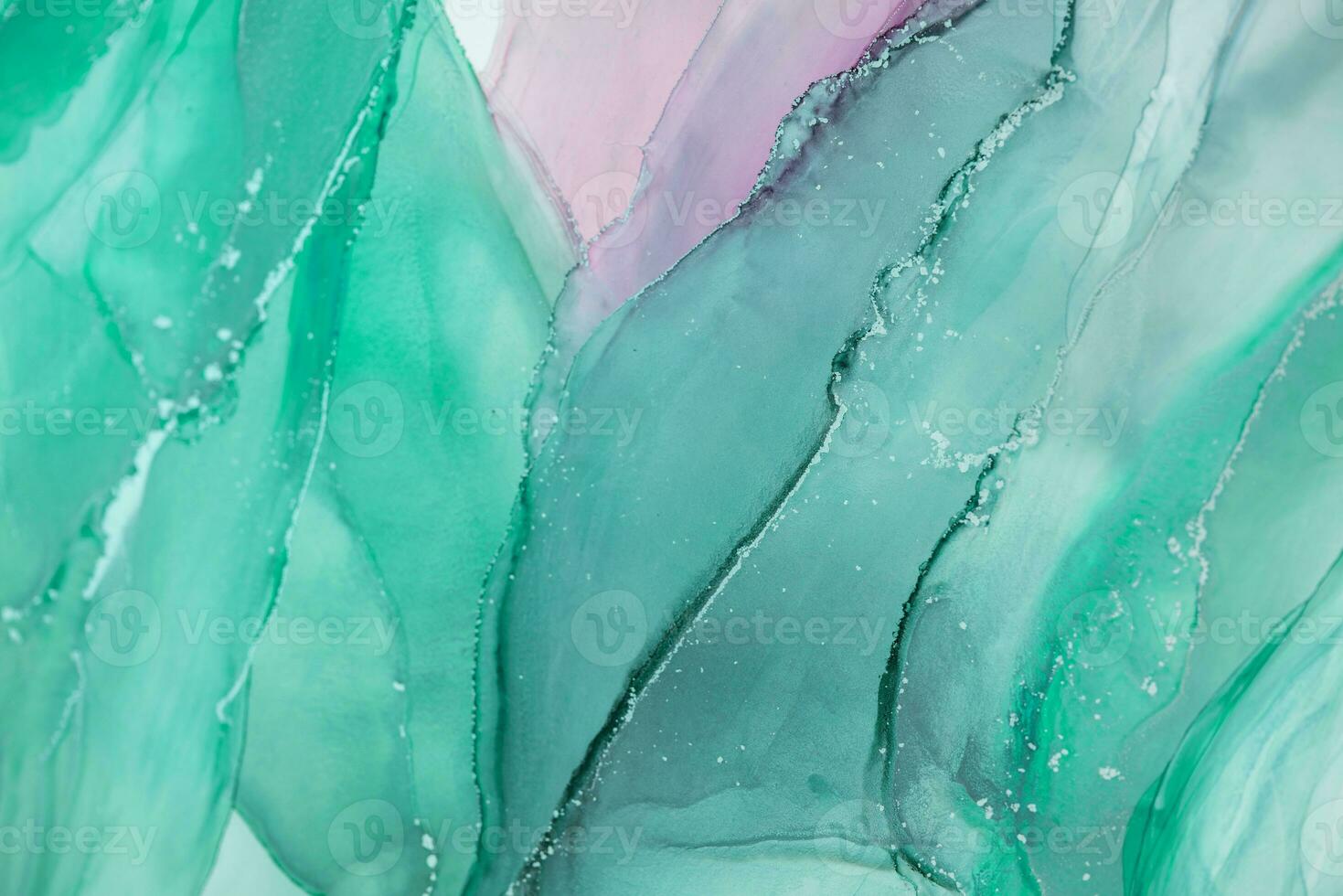Painting created with alcohol ink. Soft smooth color transitions combined with clear gold and silver edges. Blue, pink, green abstract color combination. photo