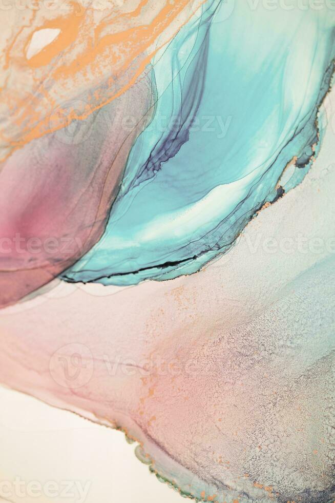 Painting created with alcohol ink. Soft smooth color transitions combined with clear gold and silver edges. Blue, pink, green abstract color combination. photo
