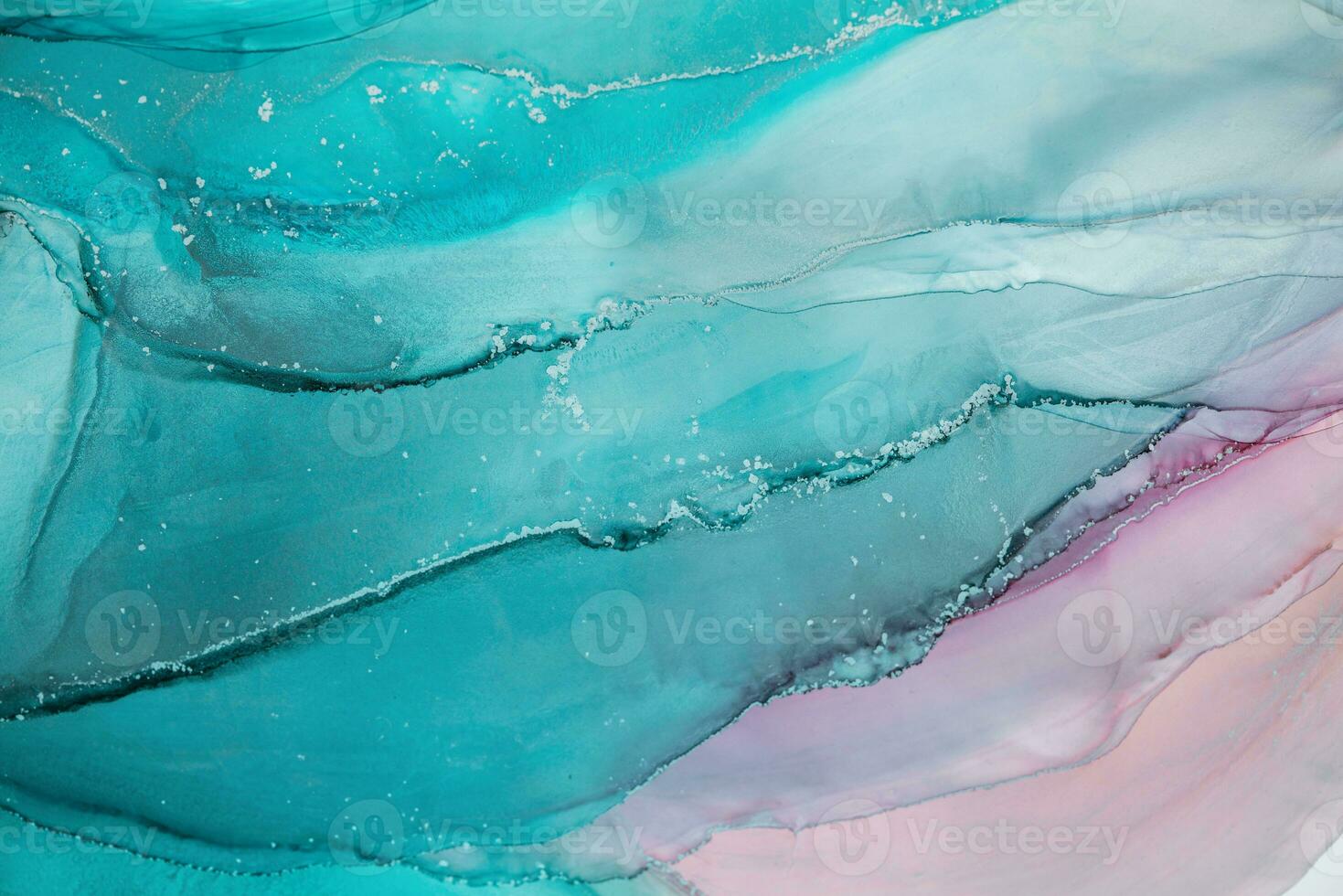 Painting created with alcohol ink. Soft smooth color transitions combined with clear gold and silver edges. Blue, pink, green abstract color combination. photo