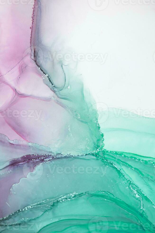 Painting created with alcohol ink. Soft smooth color transitions combined with clear gold and silver edges. Blue, pink, green abstract color combination. photo