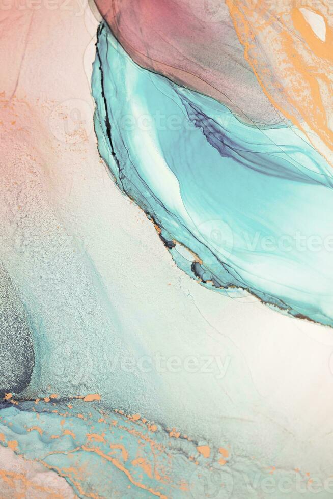 Painting created with alcohol ink. Soft smooth color transitions combined with clear gold and silver edges. Blue, pink, green abstract color combination. photo