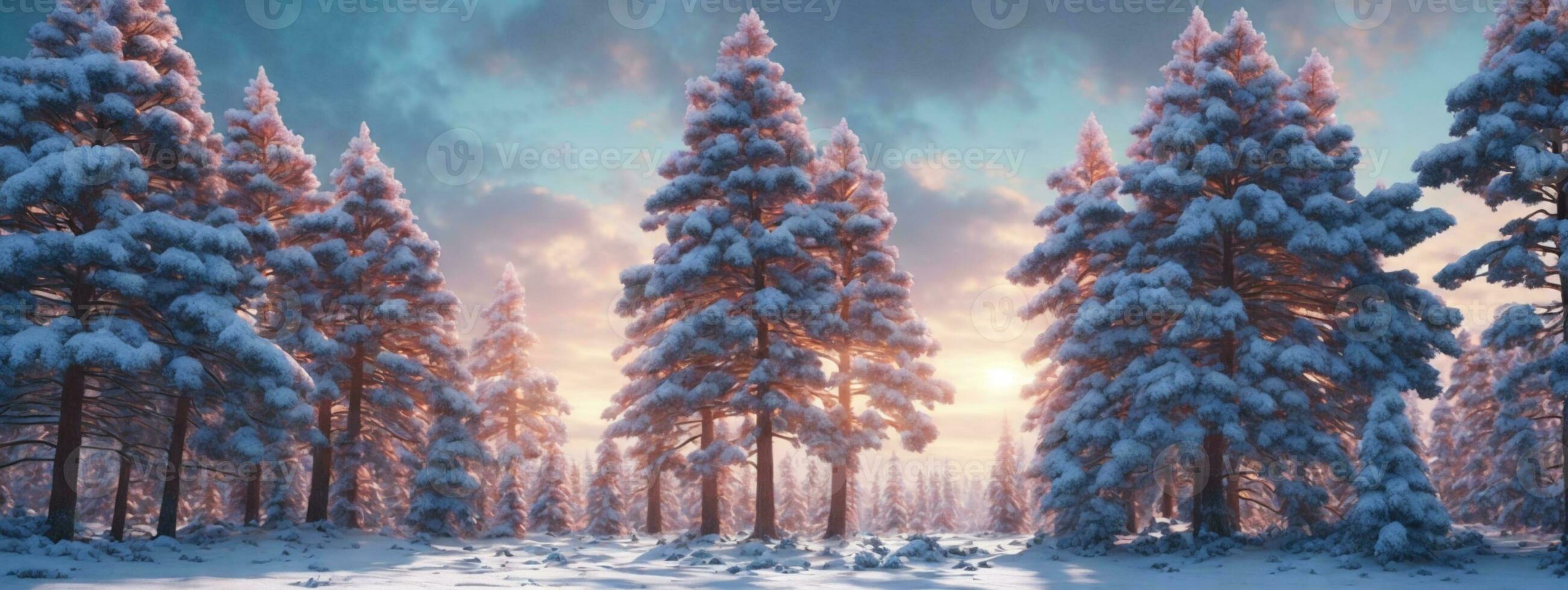 Pine trees covered with snow on frosty evening. Beautiful winter panorama. AI generated photo