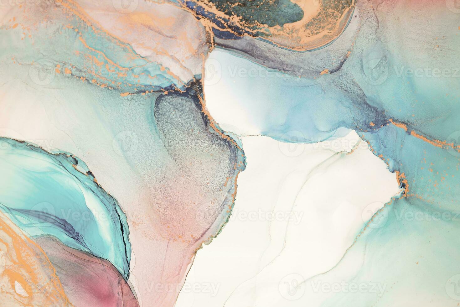 Painting created with alcohol ink. Soft smooth color transitions combined with clear gold and silver edges. Blue, pink, green abstract color combination. photo