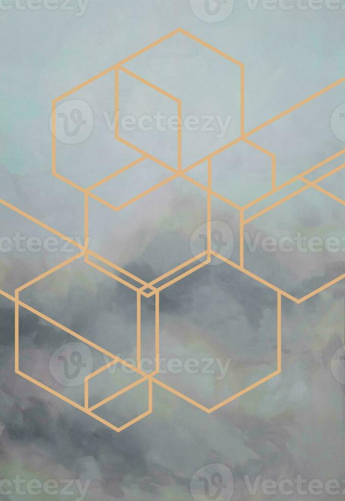 Abstract colorful pastel watercolor with copy space for place your design or invitation card. Digital art painting. Modern technology. Hexahedron, digital geometric abstraction with lines and points. photo