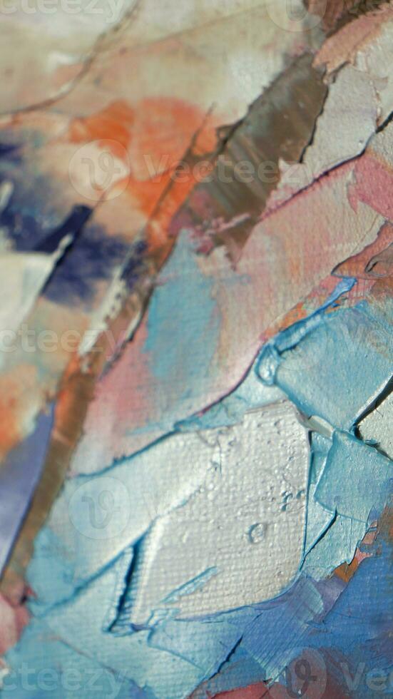 Fragment. Multicolored texture painting. Abstract art background. oil on canvas. Rough brushstrokes of paint. Closeup of a painting by oil and palette knife. Highly-textured, high quality details. photo