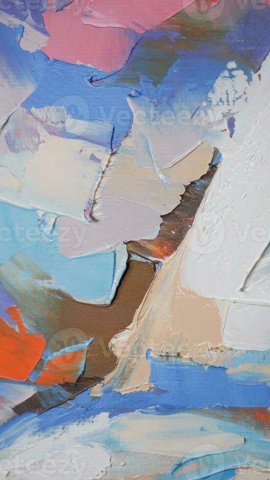 Fragment. Multicolored texture painting. Abstract art background. oil on canvas. Rough brushstrokes of paint. Closeup of a painting by oil and palette knife. Highly-textured, high quality details. photo
