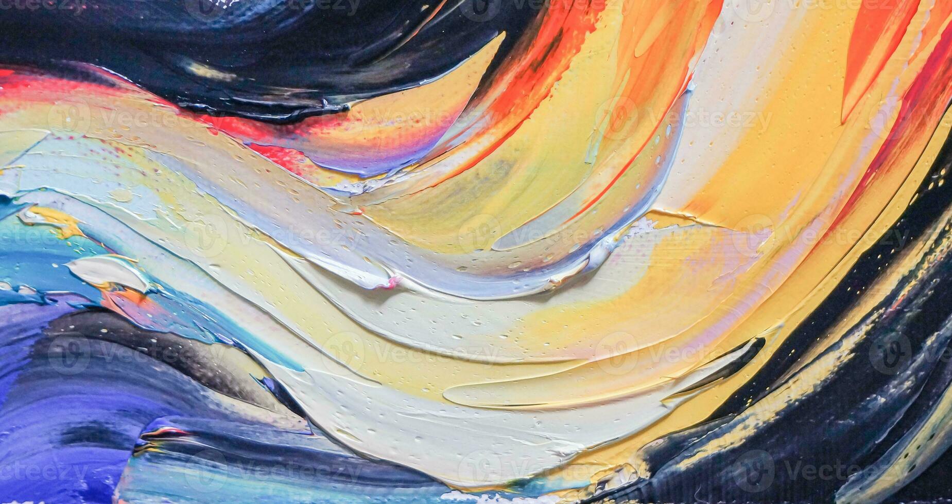 Closeup of a painting by oil and palette knife. Highly-textured, high quality details. Fragment of multicolored texture painting. Abstract art background. oil on canvas. Rough brushstrokes of paint. photo