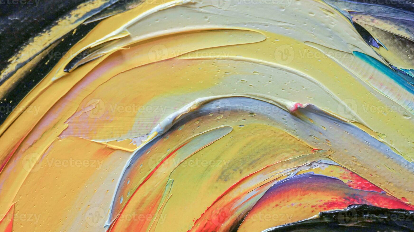 Closeup of a painting by oil and palette knife. Highly-textured, high quality details. Fragment of multicolored texture painting. Abstract art background. oil on canvas. Rough brushstrokes of paint. photo