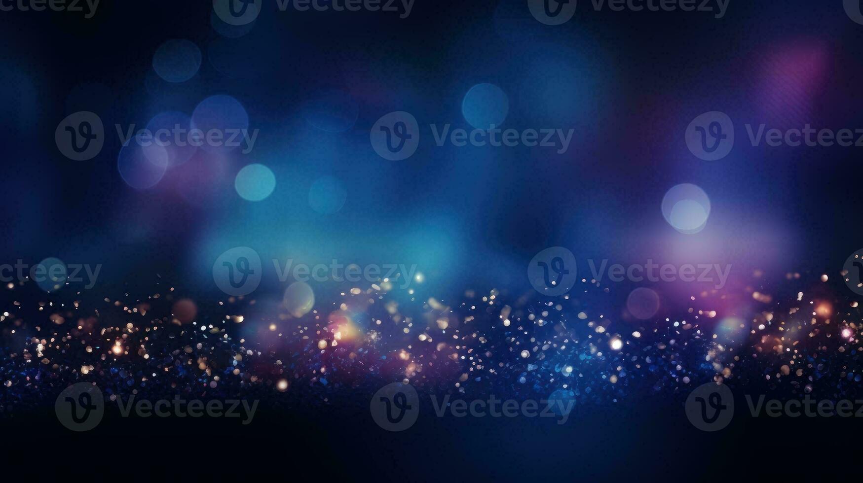 Magic night dark blue sparkling glitter bokeh and light art. Gold confetti and navy background. Golden scattered Christmas dust. Fairytale magic star template. photo