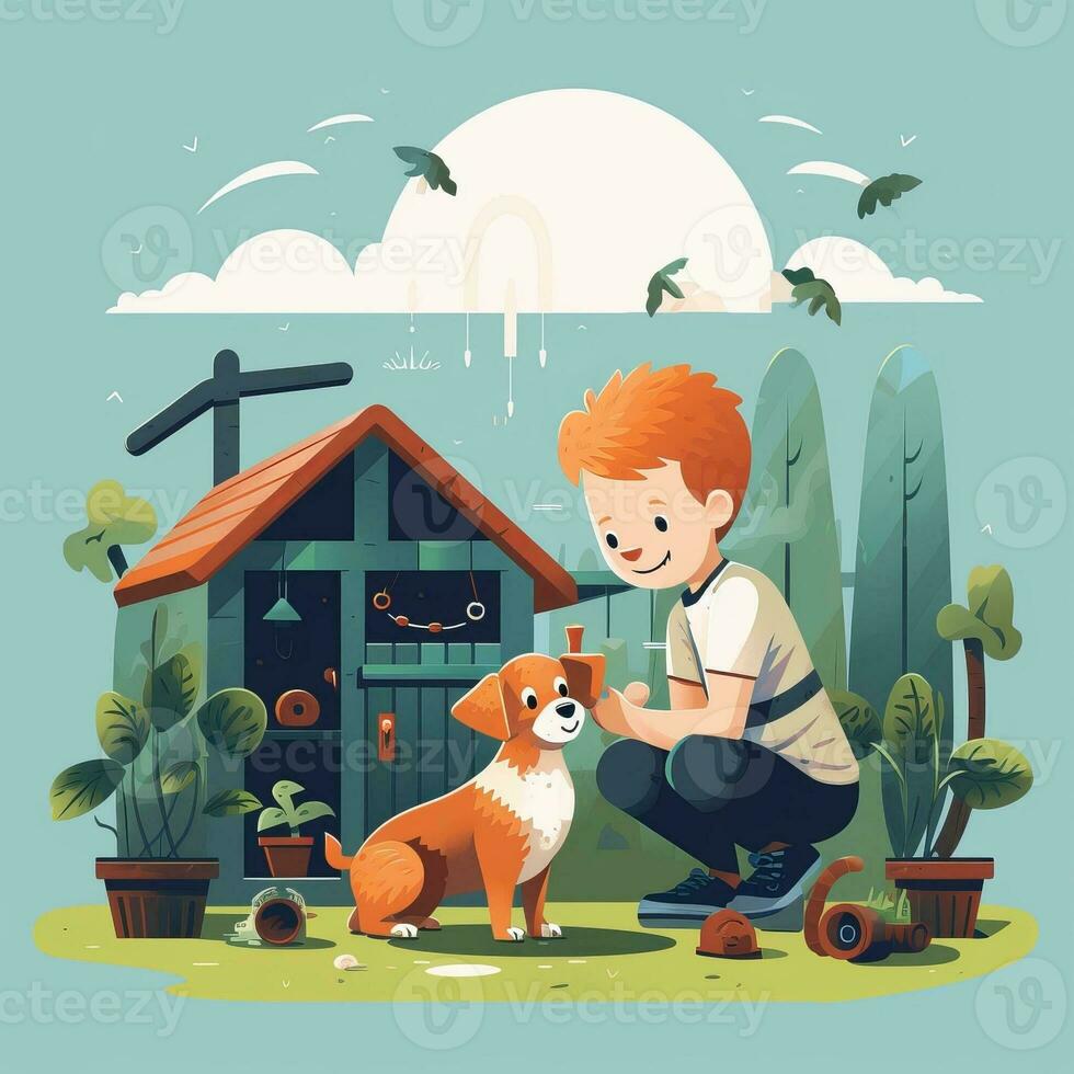 Flat illustration people of different ages play with a dog. Woman and man, children, old people play with a dog. photo