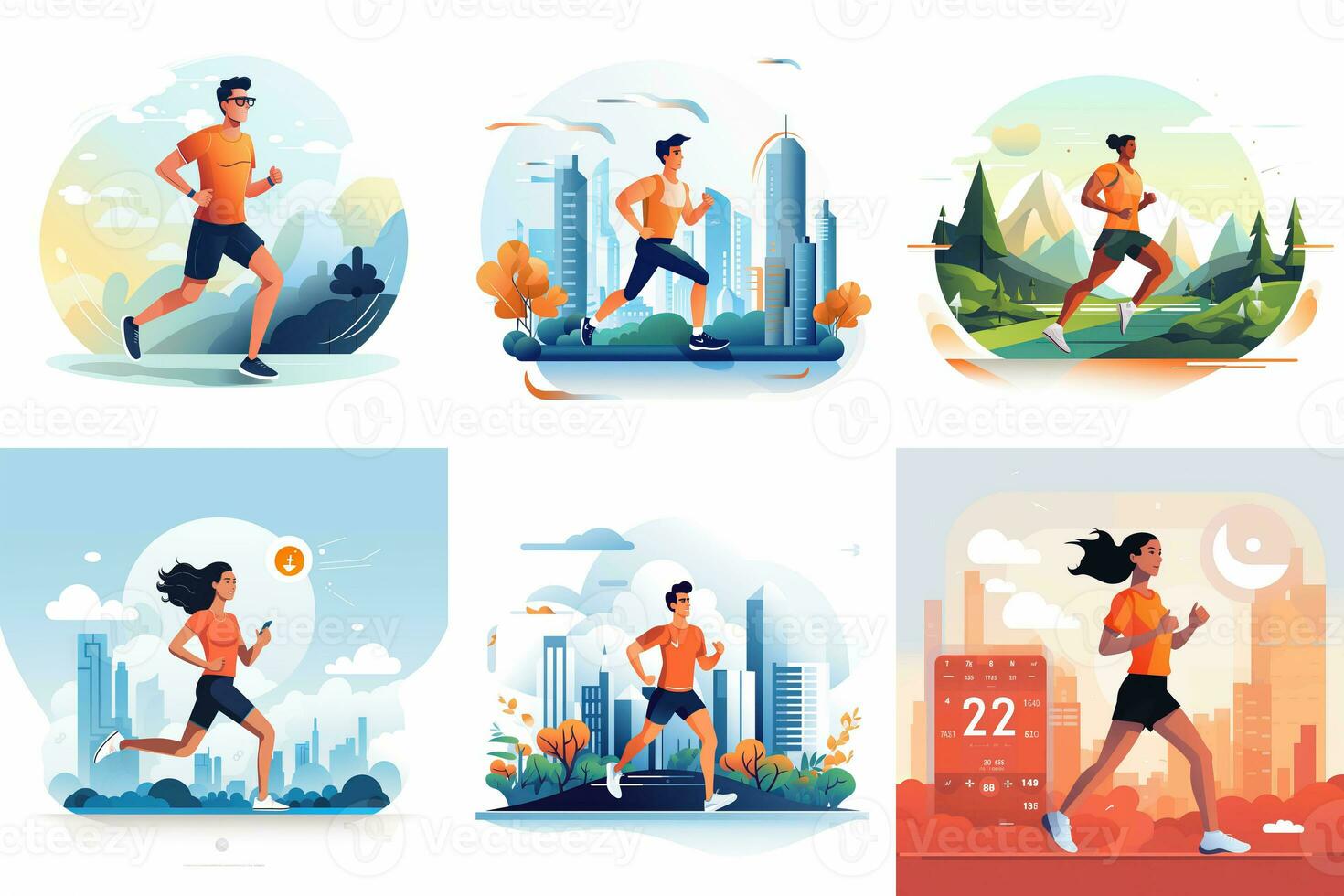 Woman and man running against the backdrop of the city. Flat illustration photo