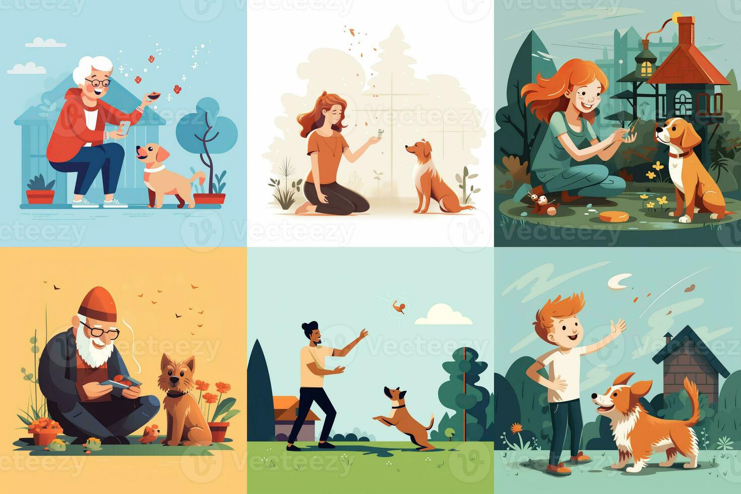 plano ilustración personas de diferente siglos jugar con un perro. mujer y hombre, niños, antiguo personas jugar con un perro. foto