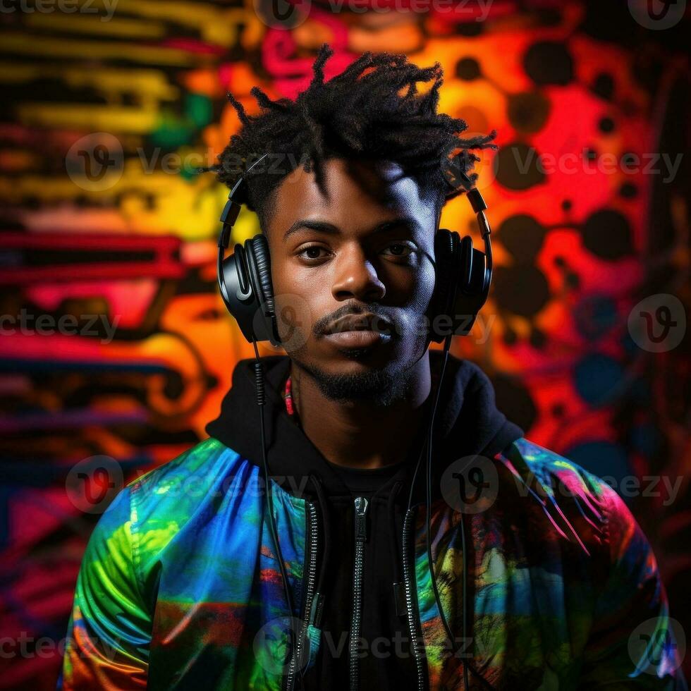 Portrait of men and women of different races, skin colors and hair colors in headphones listening to music on a neon background. photo