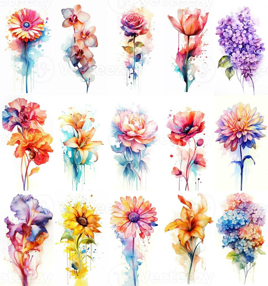 Colorful watercolor art. Isolated on white background. In a realistic manner, colorful, rainbow. Ideal for teaching materials, books and nature-themed designs. Paint splash icons. created by AI photo