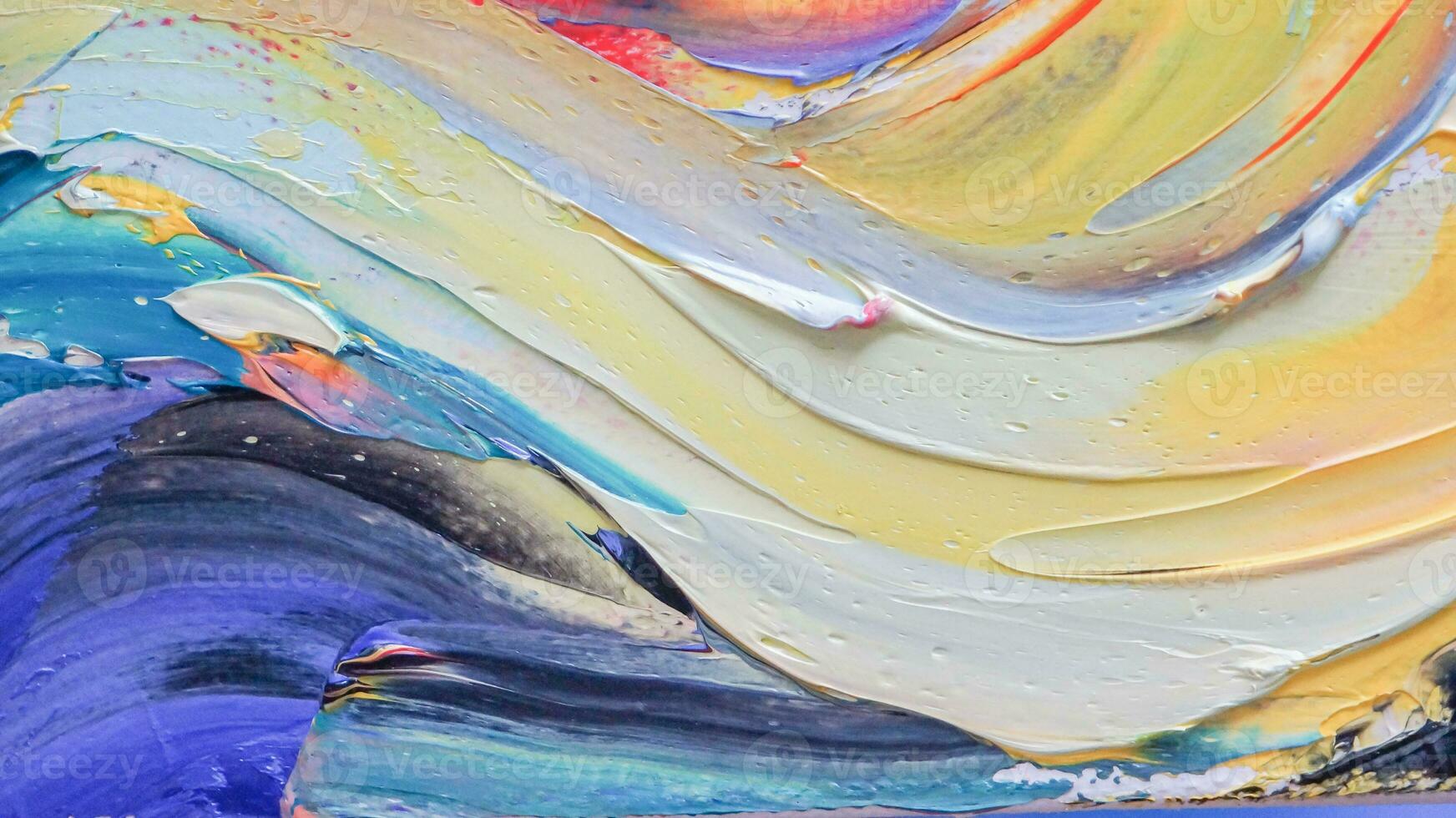 Closeup of a painting by oil and palette knife. Highly-textured, high quality details. Fragment of multicolored texture painting. Abstract art background. oil on canvas. Rough brushstrokes of paint. photo