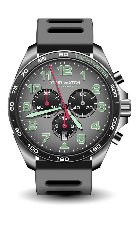 Realistic watch clock chronograph grey steel black rubber strap green number pink arrow design luxury for men on white background vector