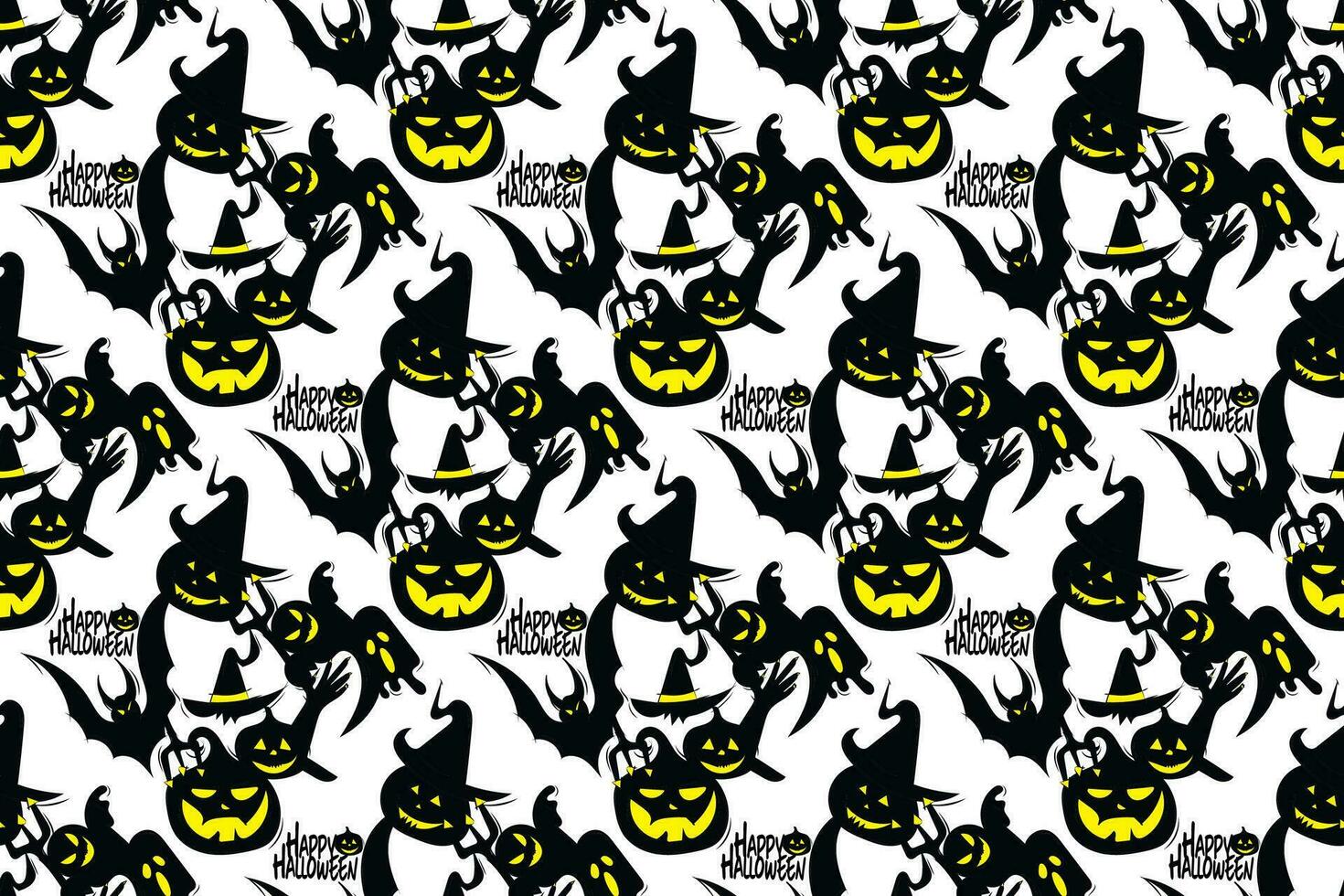 Halloween seamless pattern with black, yellow and white on white background vector