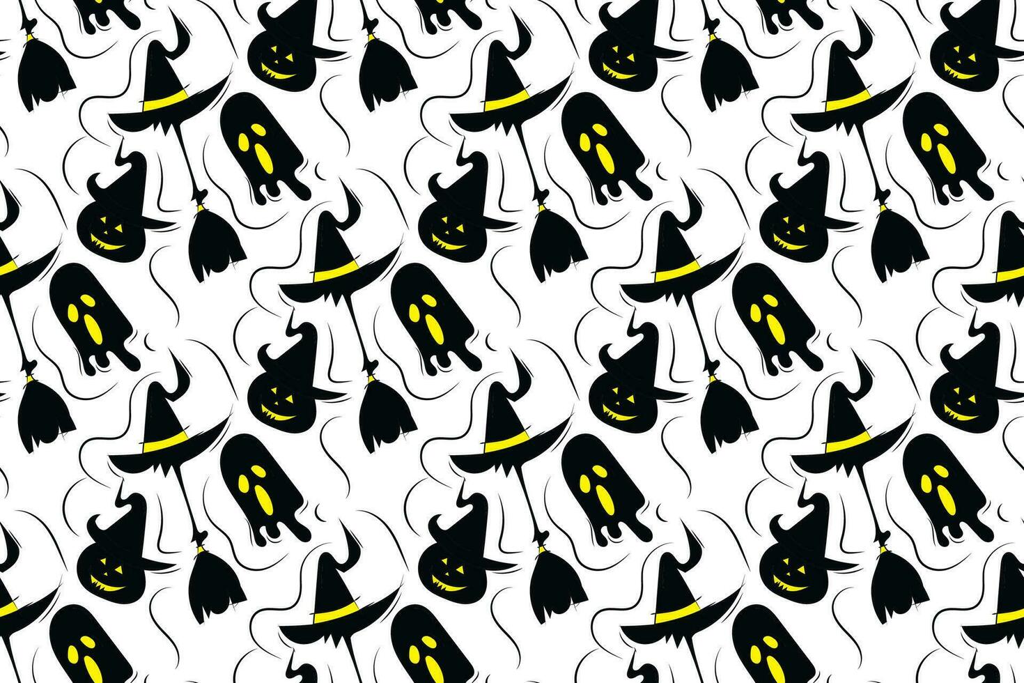 Halloween seamless pattern with black, yellow and white on white background vector