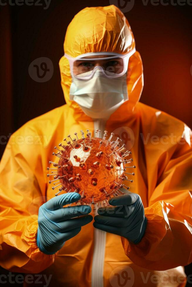 Laboratory technician handling a virus sample isolated on a gradient orange background photo