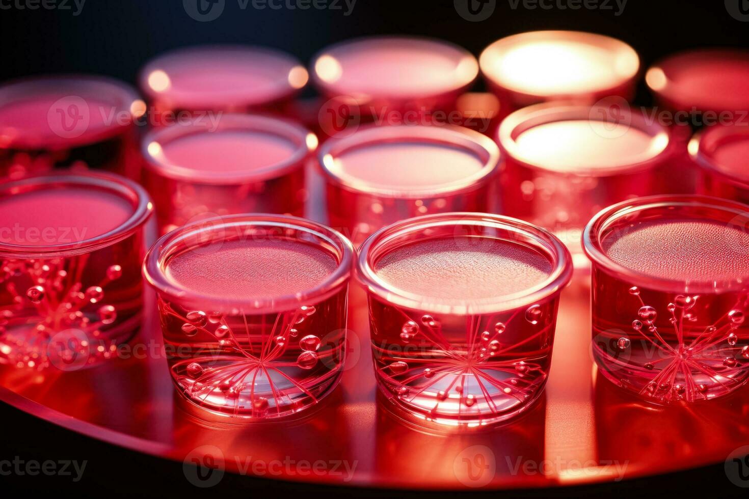 Petri dish with growing virus cultures isolated on a gradient red background photo